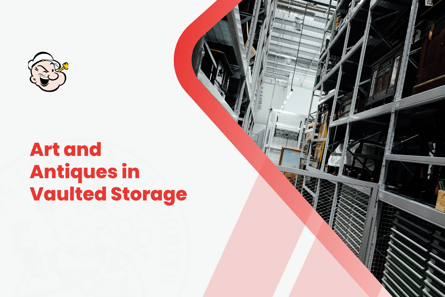 Tall metal shelving racks storing framed artwork and antiques in vaulted warehouse storage facility
