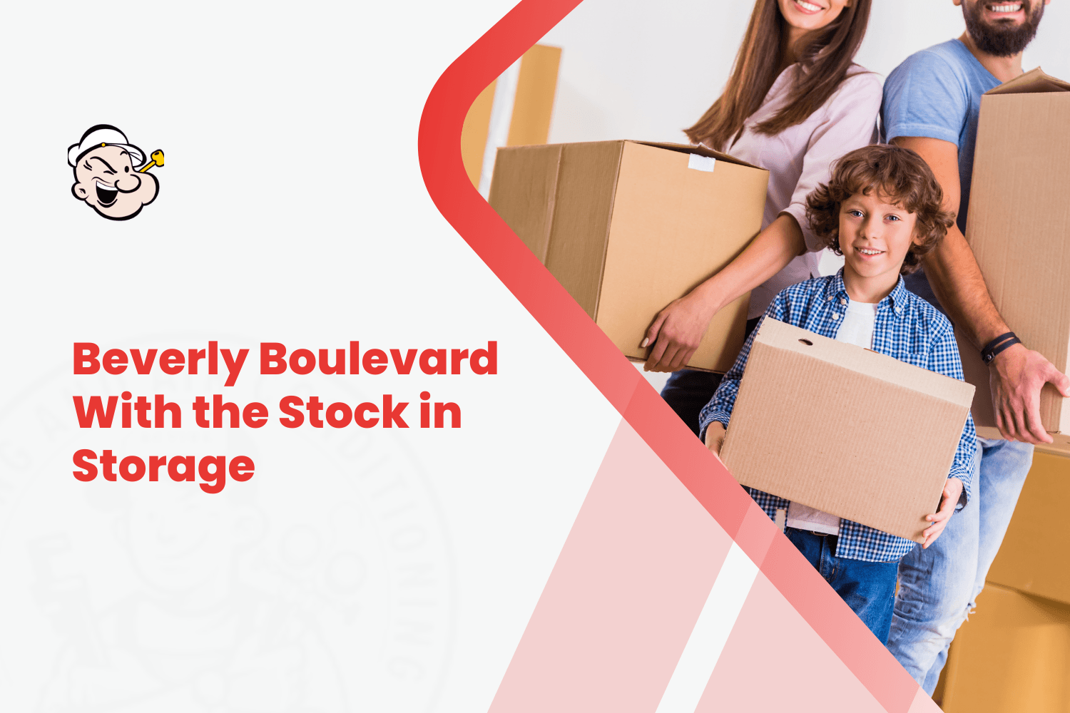 Happy family carrying cardboard moving boxes during Beverly Boulevard showroom storage relocation