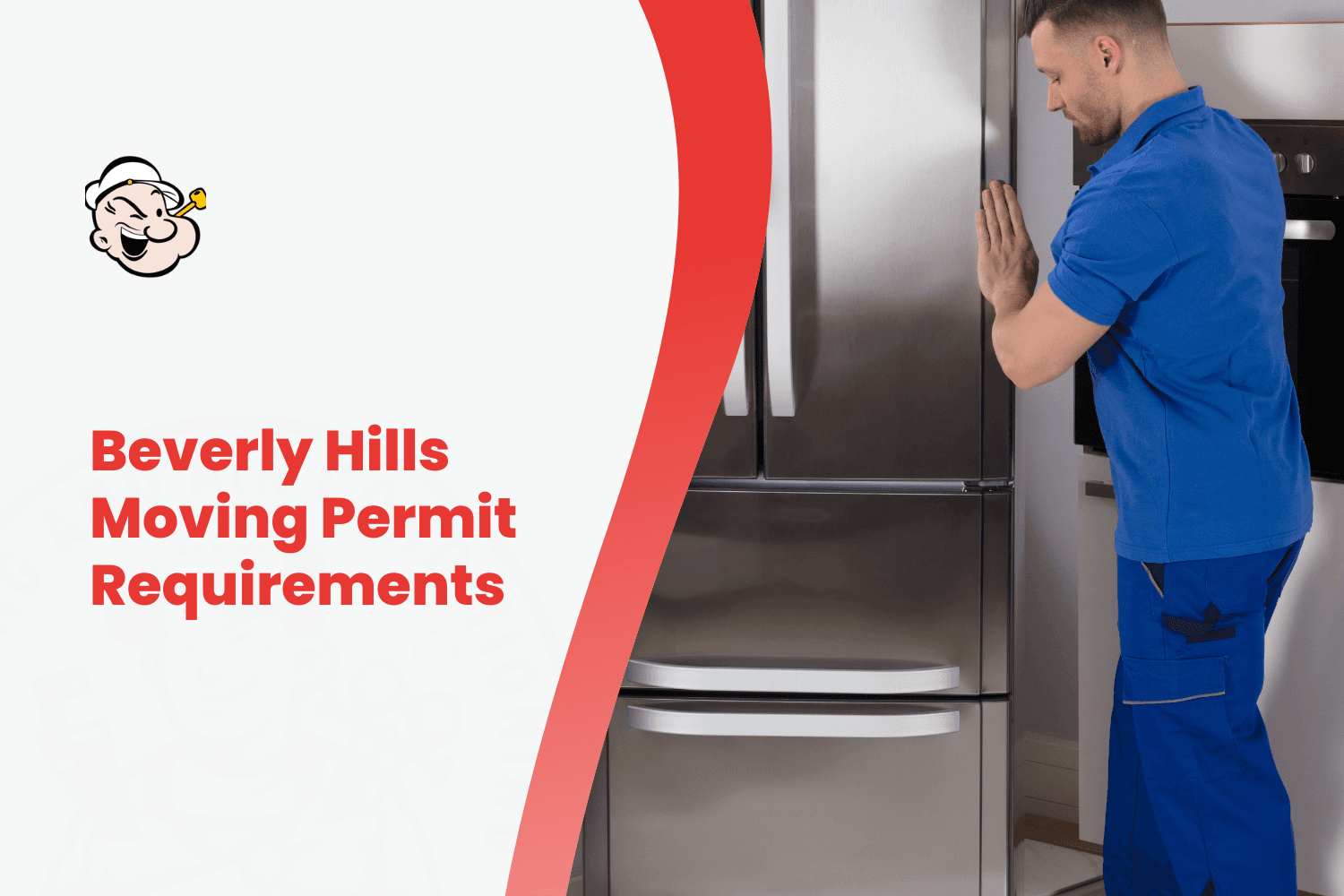 Mover in blue uniform pushing stainless steel refrigerator during Beverly Hills relocation