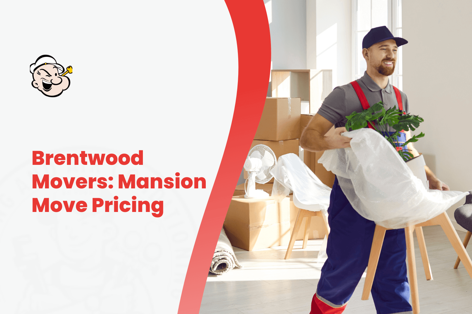 Brentwood mover in uniform carrying bubble-wrapped chair and plant during mansion move