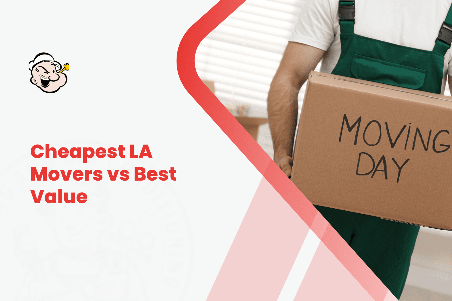 Mover in green overalls carrying cardboard box labeled Moving Day in Los Angeles