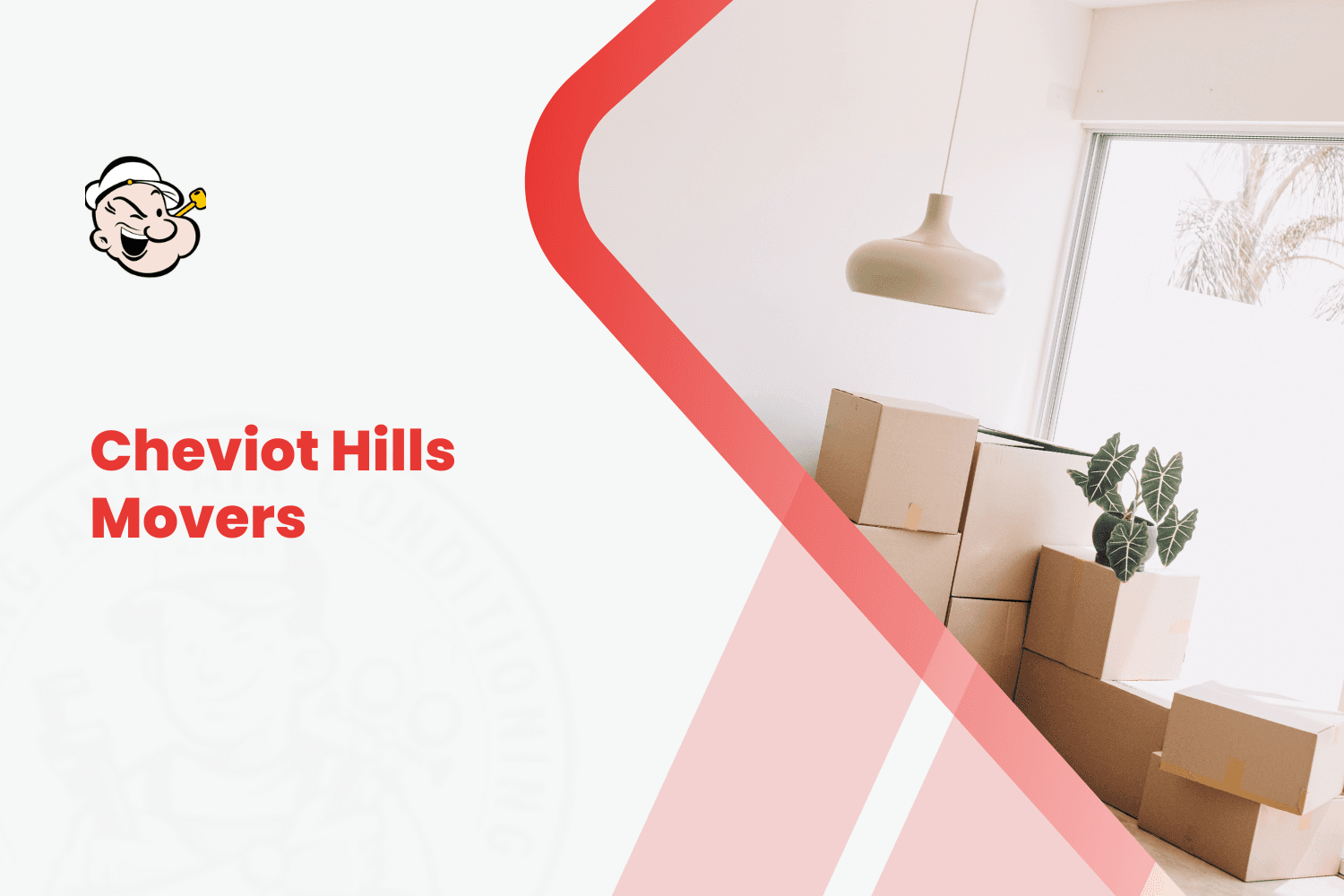 Cheviot Hills movers logo with cardboard moving boxes and houseplant in bright room