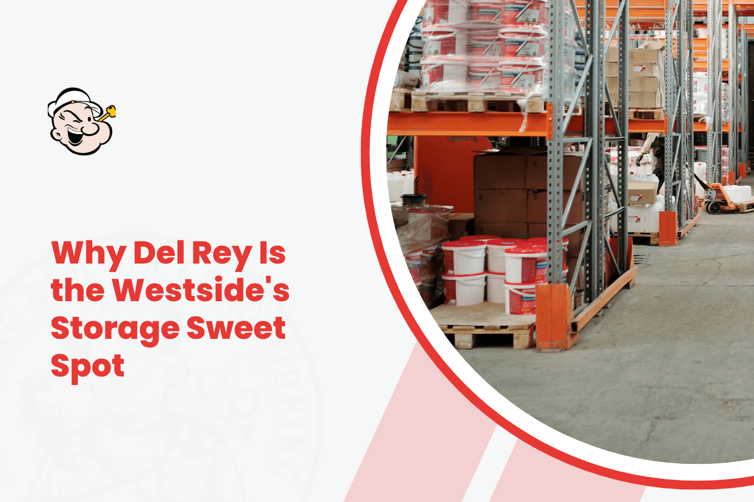 Organized warehouse storage shelves in Del Rey with pallets and buckets