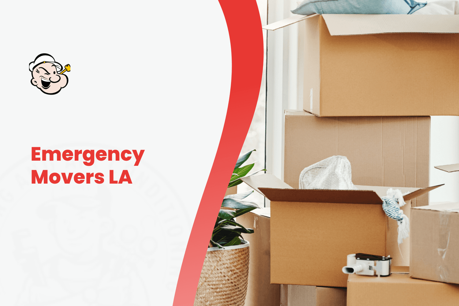 Stacked cardboard moving boxes and plant near window for emergency LA move