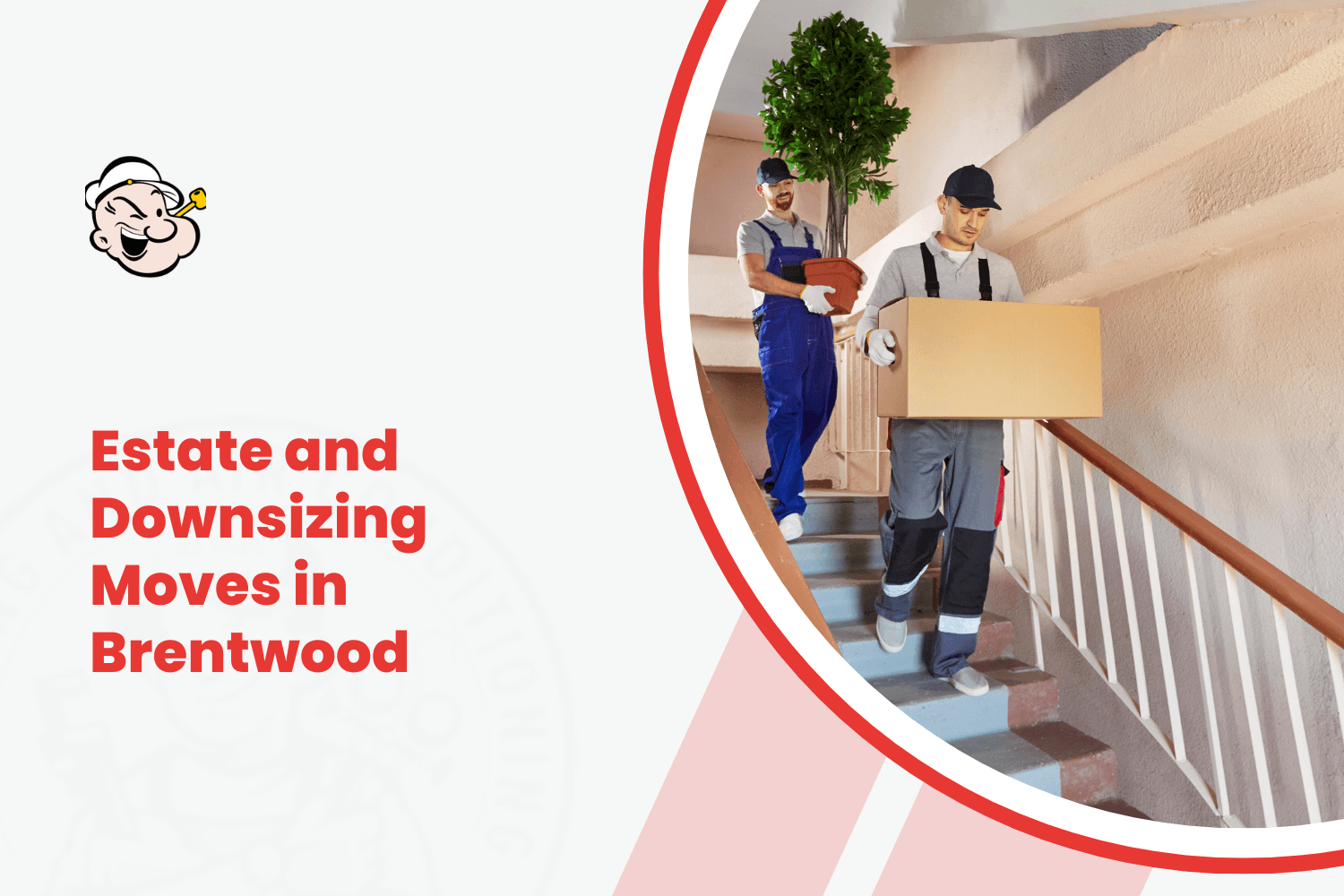 Two professional movers carrying boxes and plant downstairs during Brentwood estate move