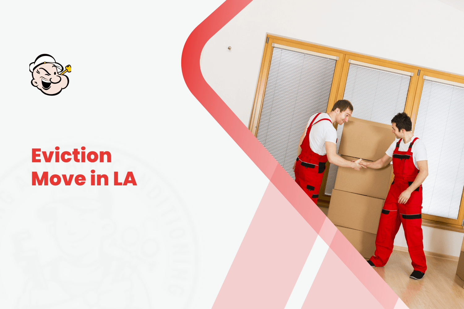 Two movers in red uniforms handling cardboard boxes during an eviction move in LA