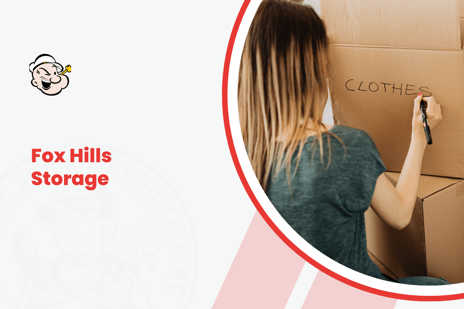 Woman labeling cardboard moving box with marker reading CLOTHES for Fox Hills storage