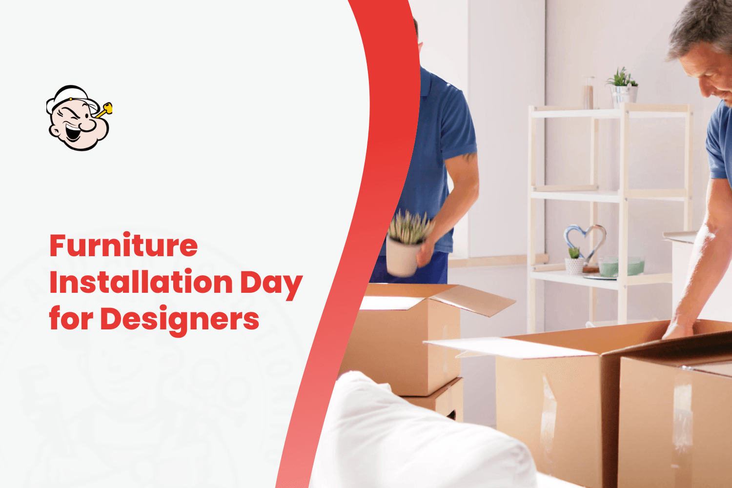 Two movers unpacking cardboard boxes during furniture installation day for designers