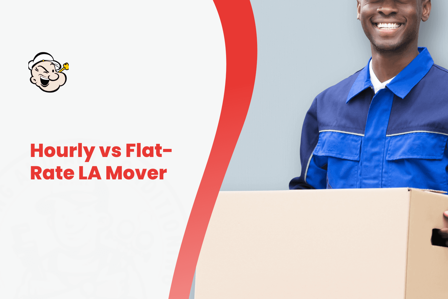 Smiling mover in blue uniform holding cardboard box for LA moving service