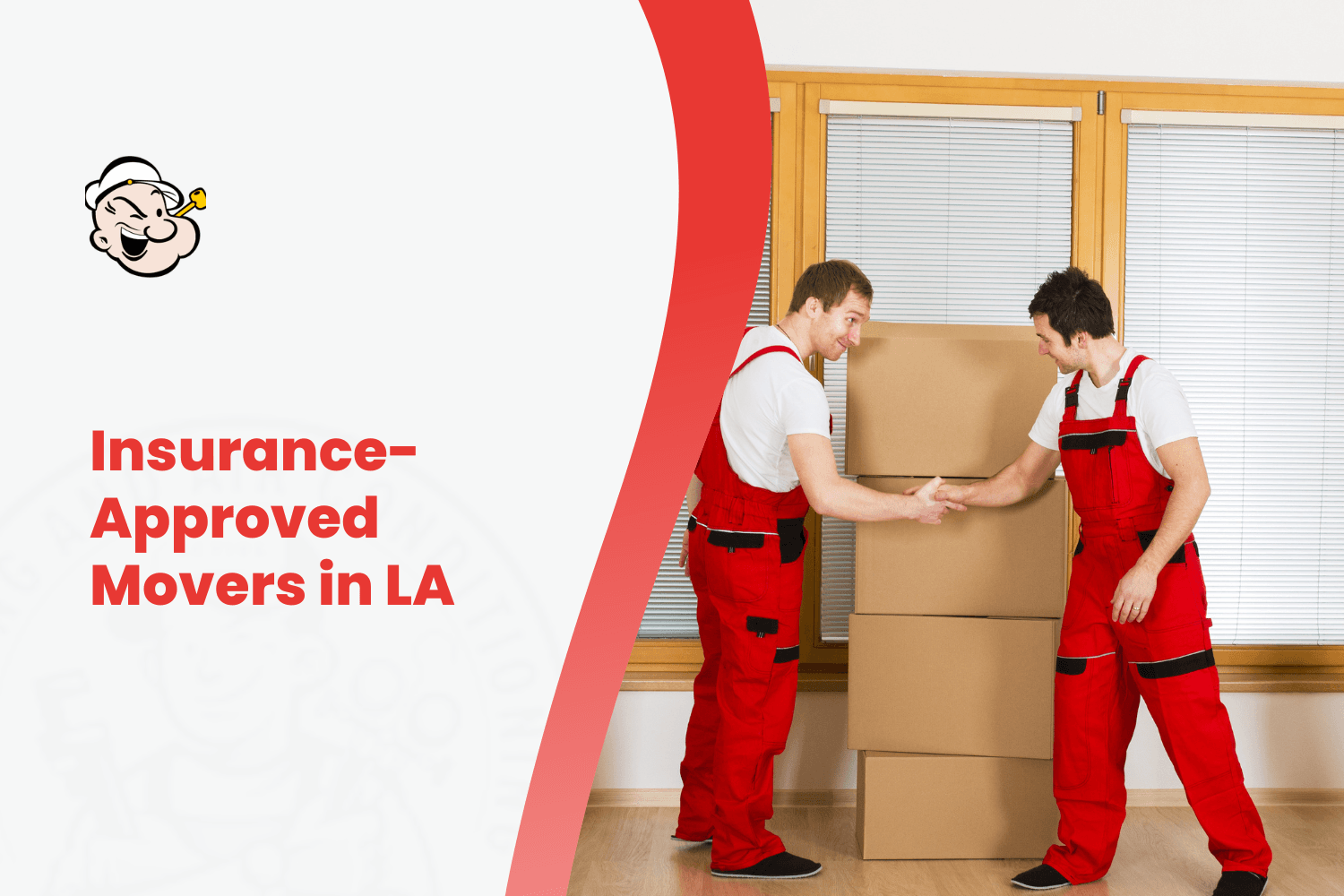 Two professional movers in red overalls carrying stacked cardboard boxes during LA relocation