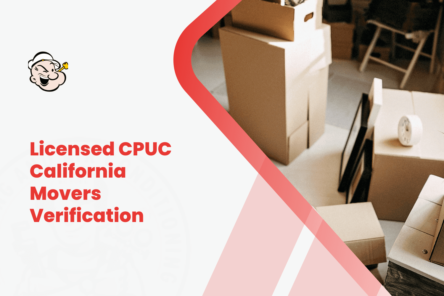 Cardboard moving boxes stacked in home with CPUC California movers verification graphic overlay