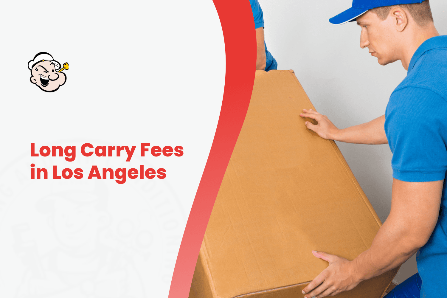 Two movers in blue uniforms carrying large cardboard box long carry fees Los Angeles