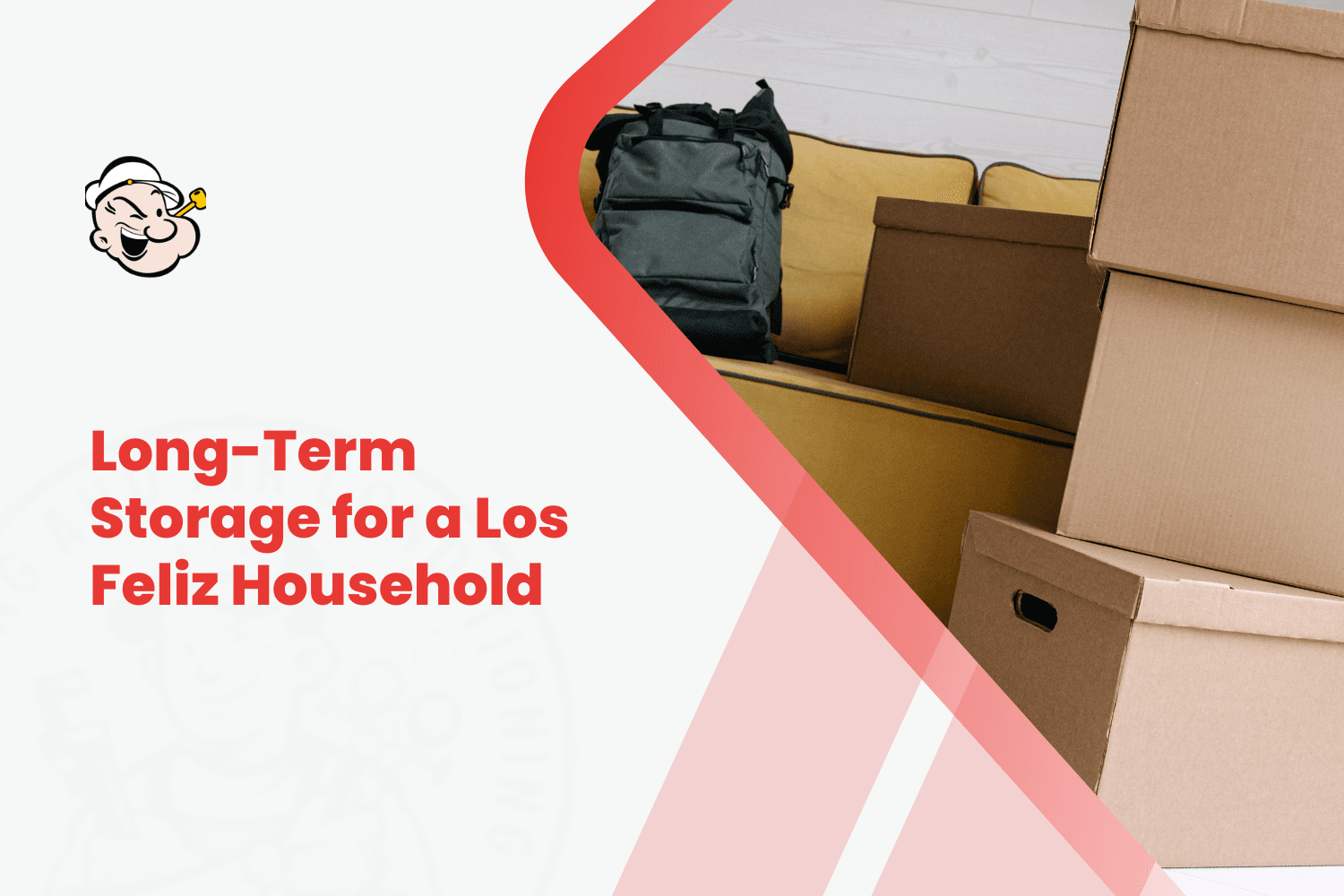 Cardboard moving boxes and backpack stacked on sofa for long-term Los Feliz household storage