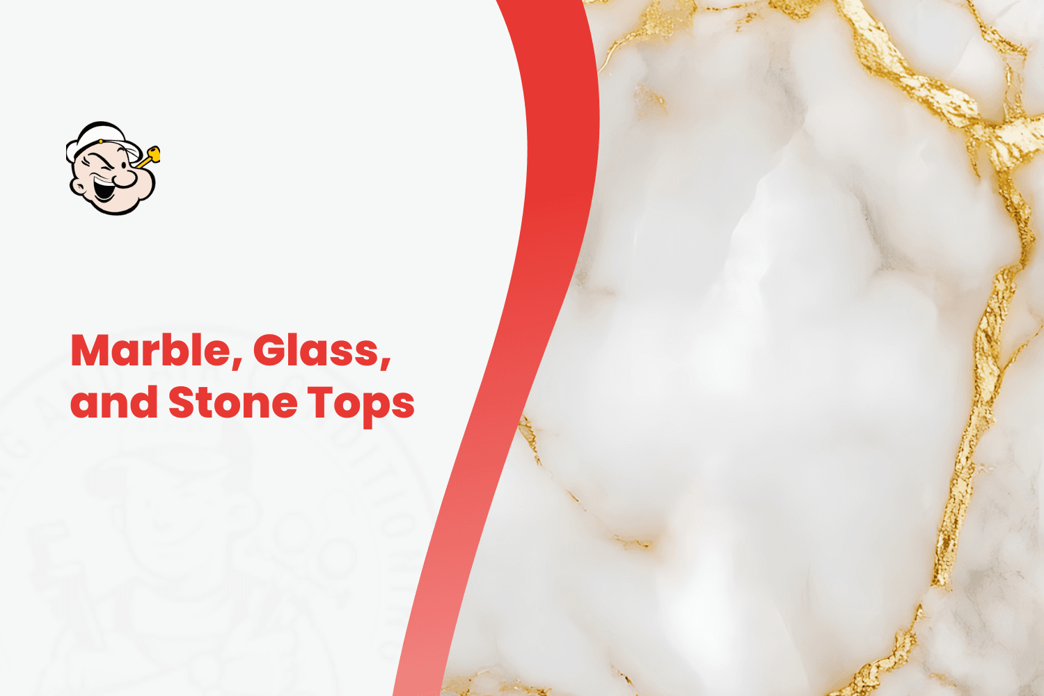 White and gold marble stone surface with Popeye logo and red text