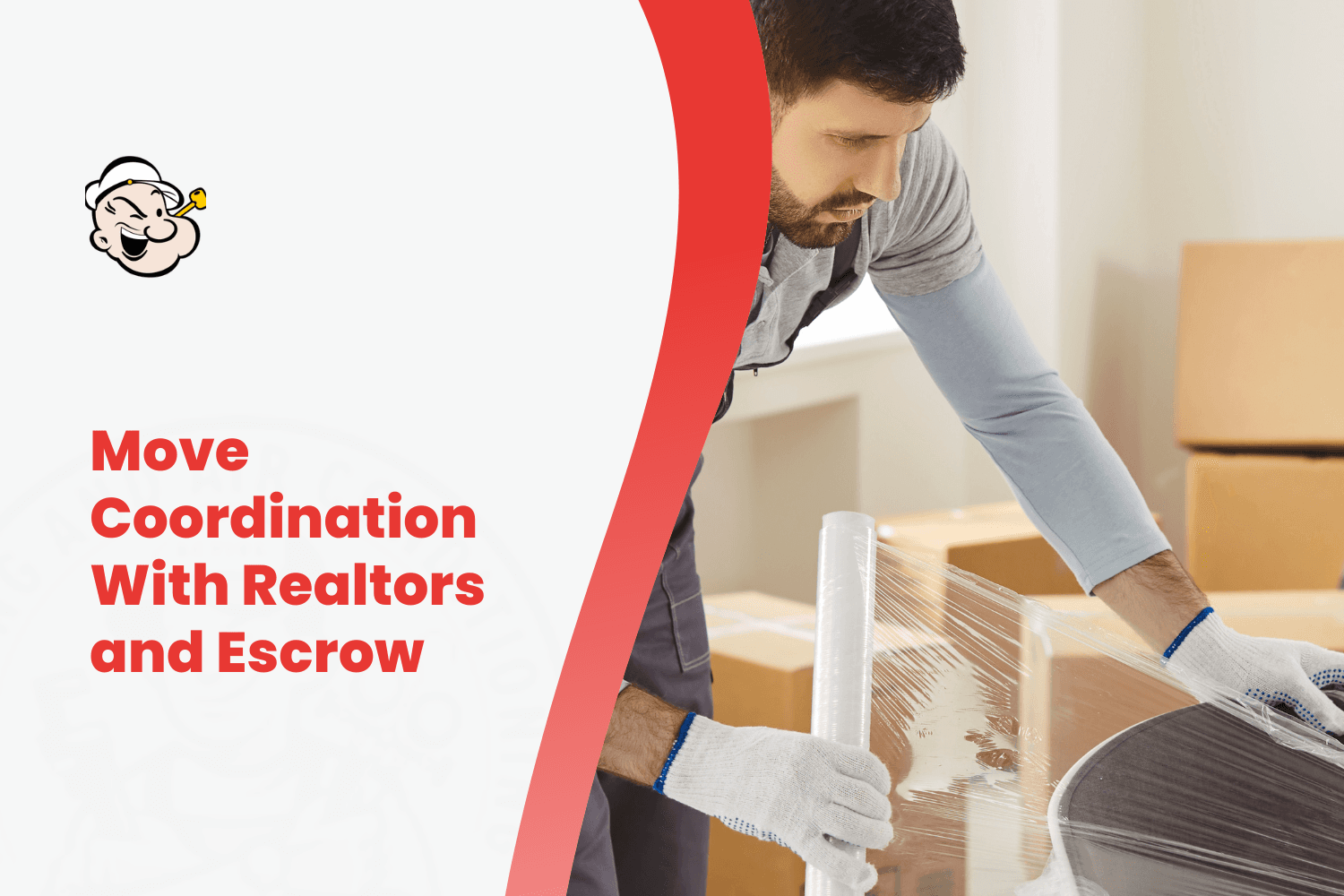 Mover wrapping furniture with plastic stretch wrap during real estate closing move coordination