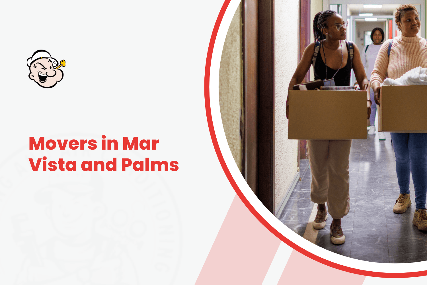 Two women carrying cardboard moving boxes down a hallway in Mar Vista