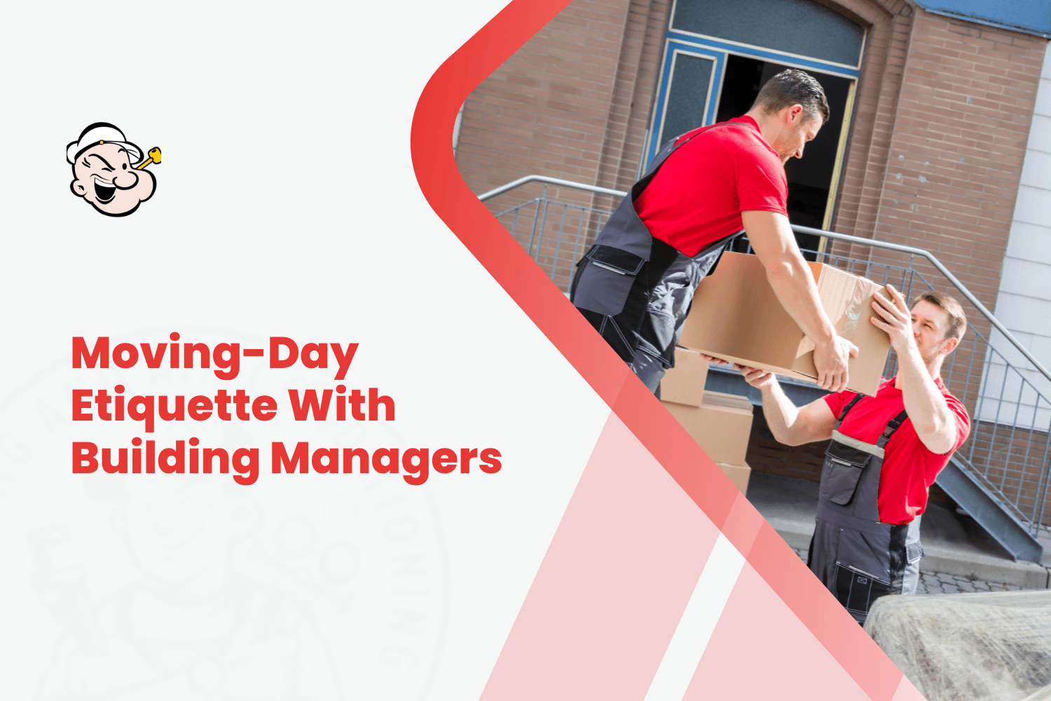 Two movers in red uniforms passing cardboard boxes outside a brick building