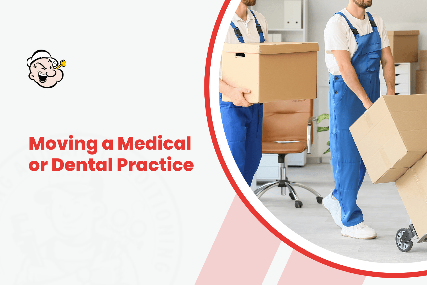 Two movers in blue overalls carrying cardboard boxes during a medical practice relocation