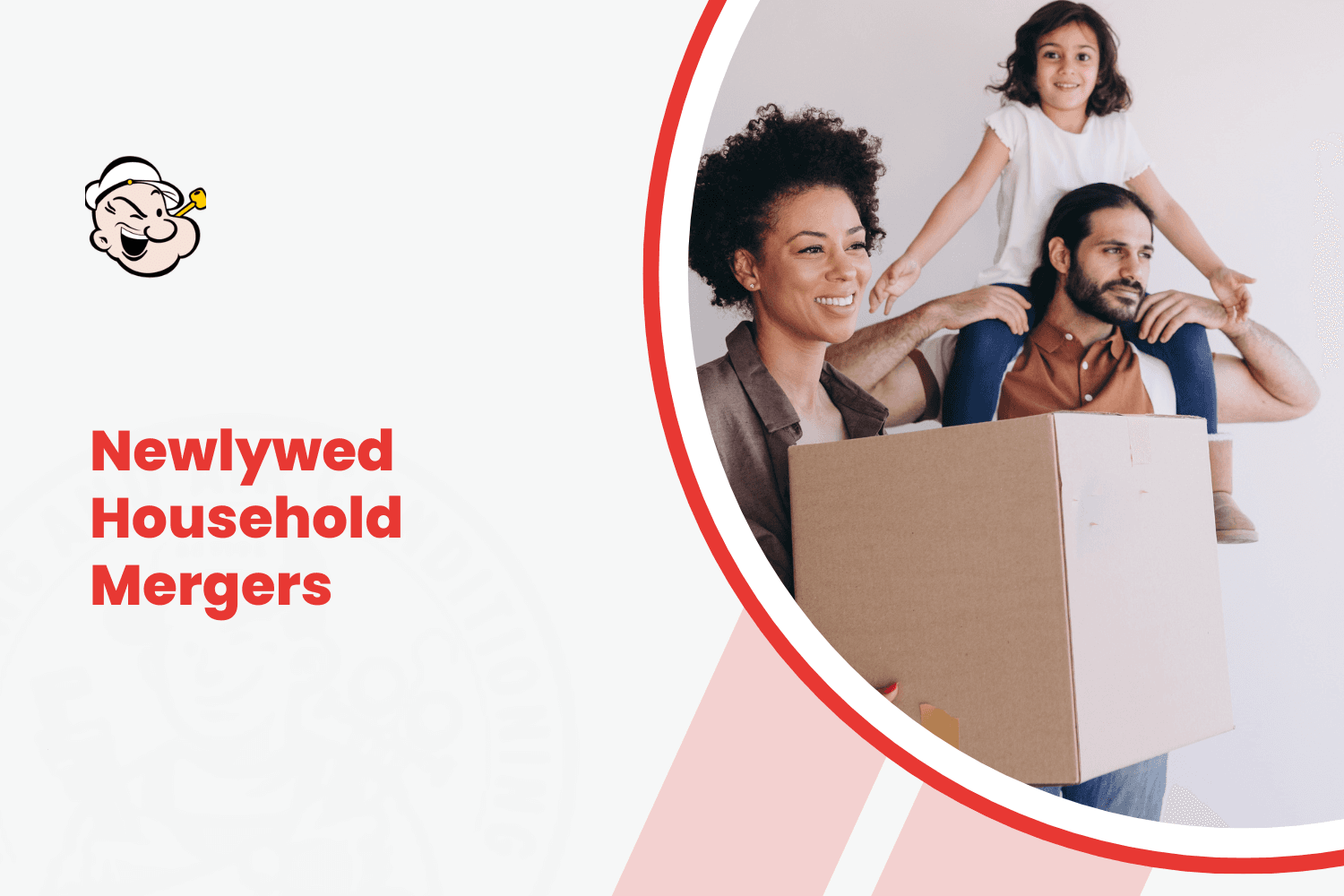 Newlywed family carrying moving boxes together with child on fathers shoulders