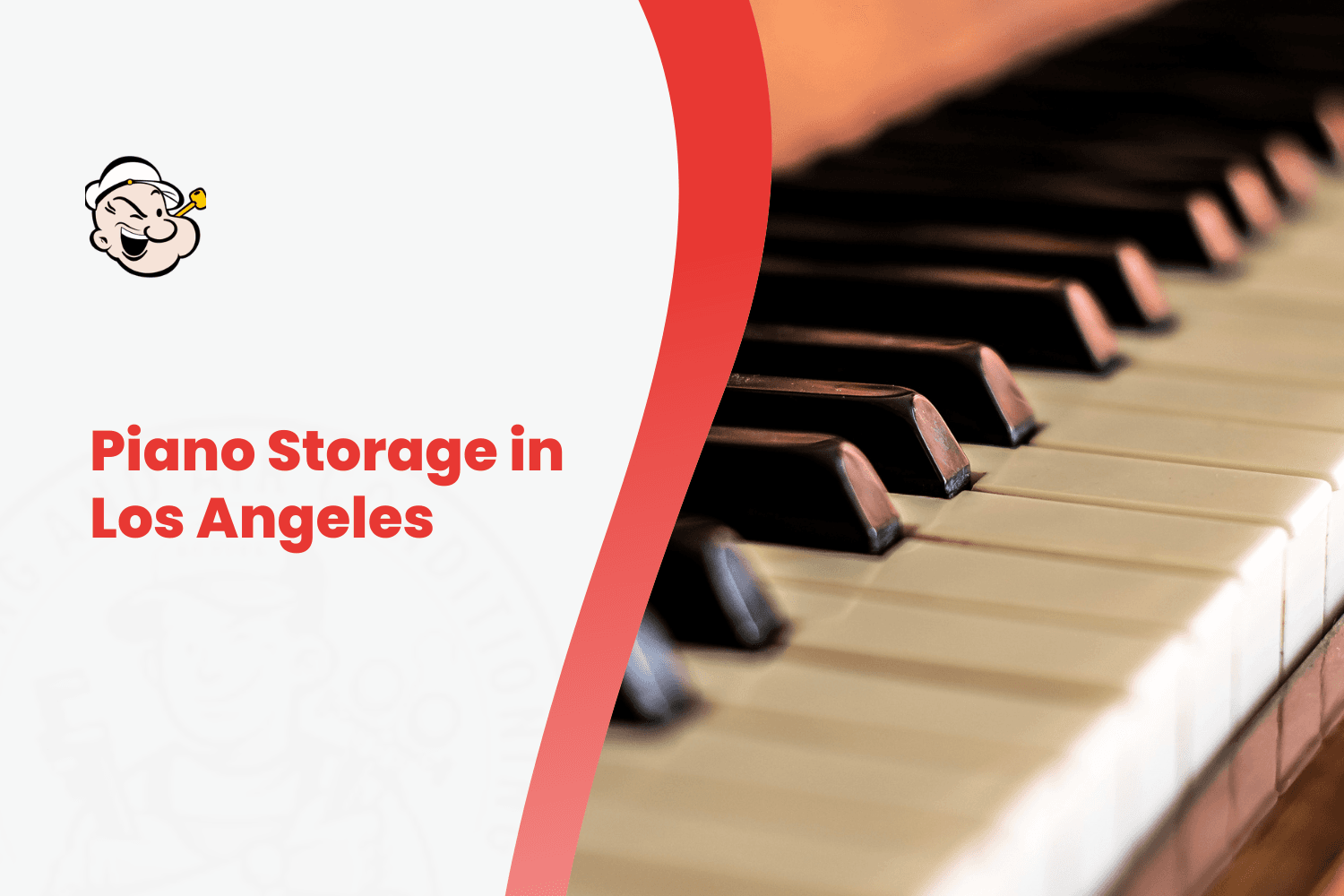 Close-up of piano keys with Piano Storage in Los Angeles text overlay