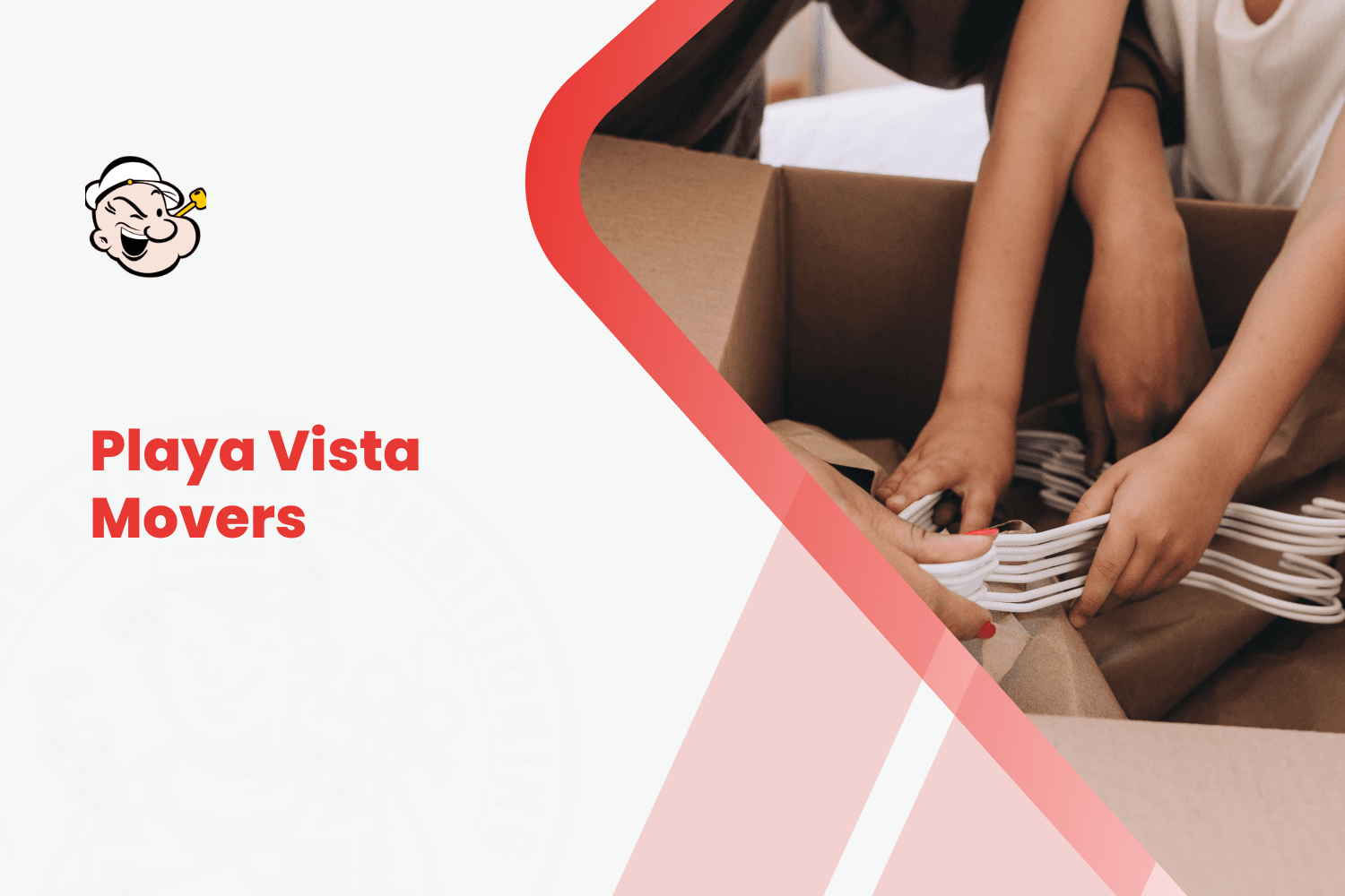 Playa Vista Movers logo with person packing white hangers into cardboard moving box