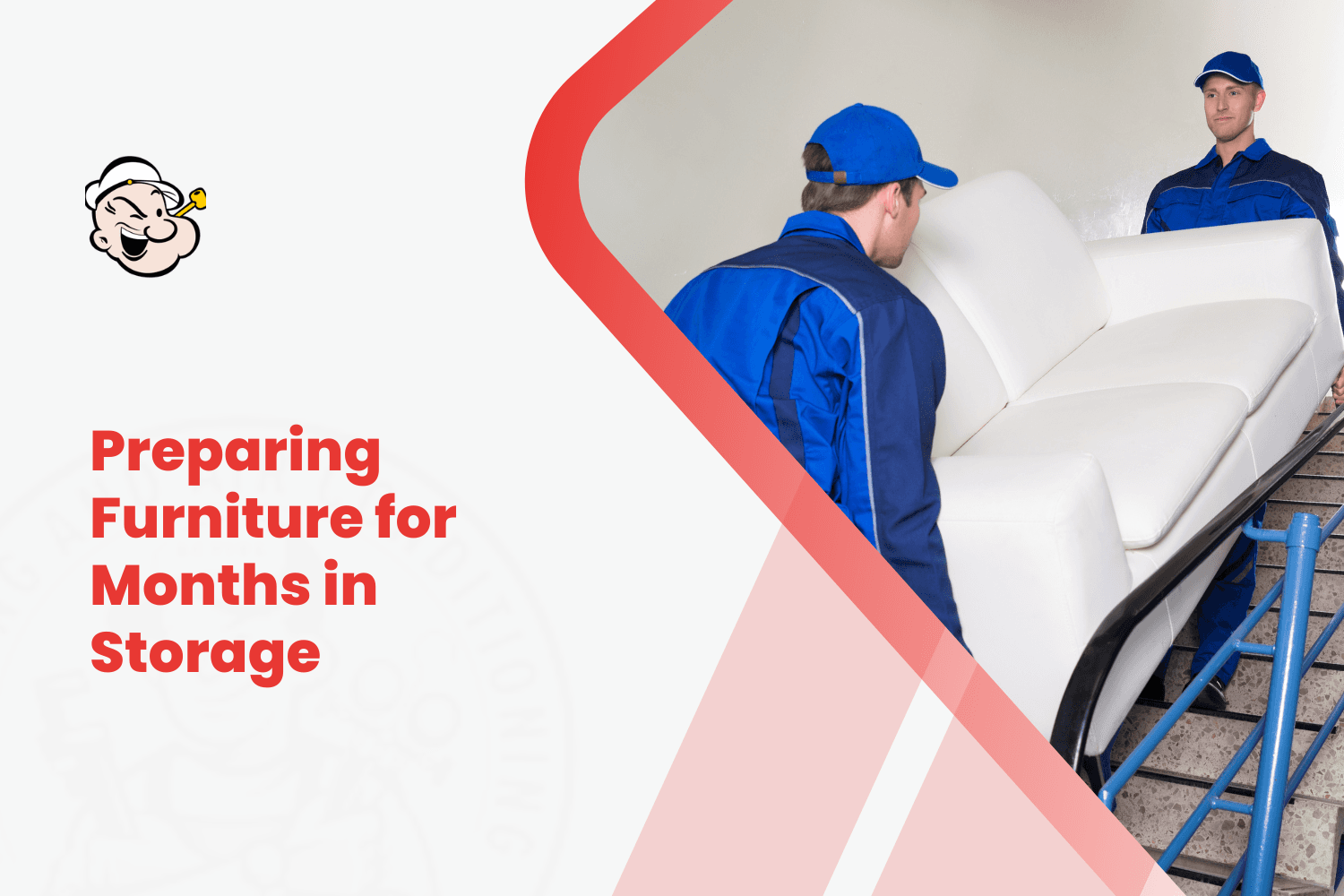 Two movers in blue uniforms carrying white sofa upstairs for long-term storage
