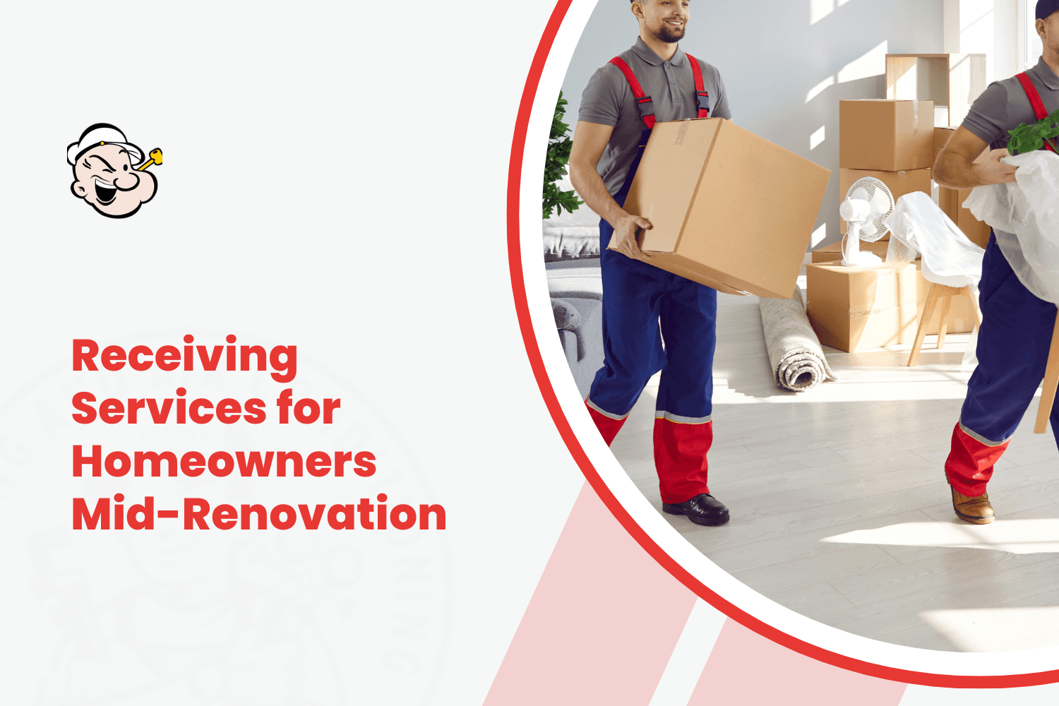 Two movers in red and blue uniforms carrying boxes during home renovation