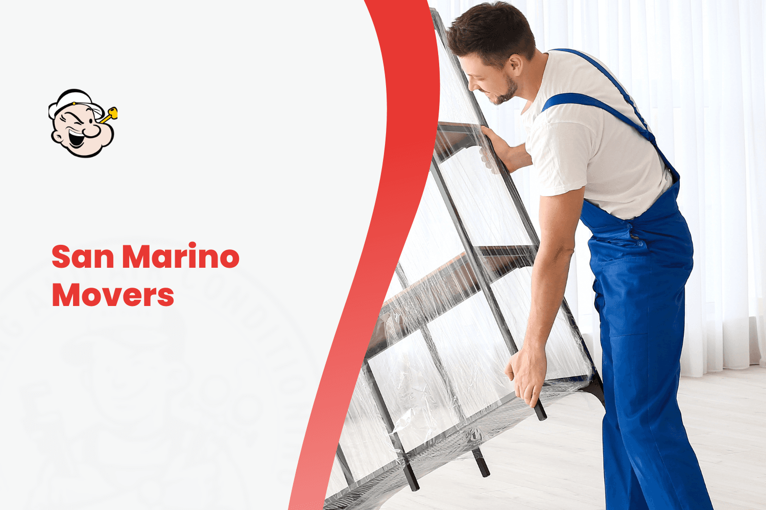 San Marino mover in blue overalls carefully lifting wrapped furniture during relocation
