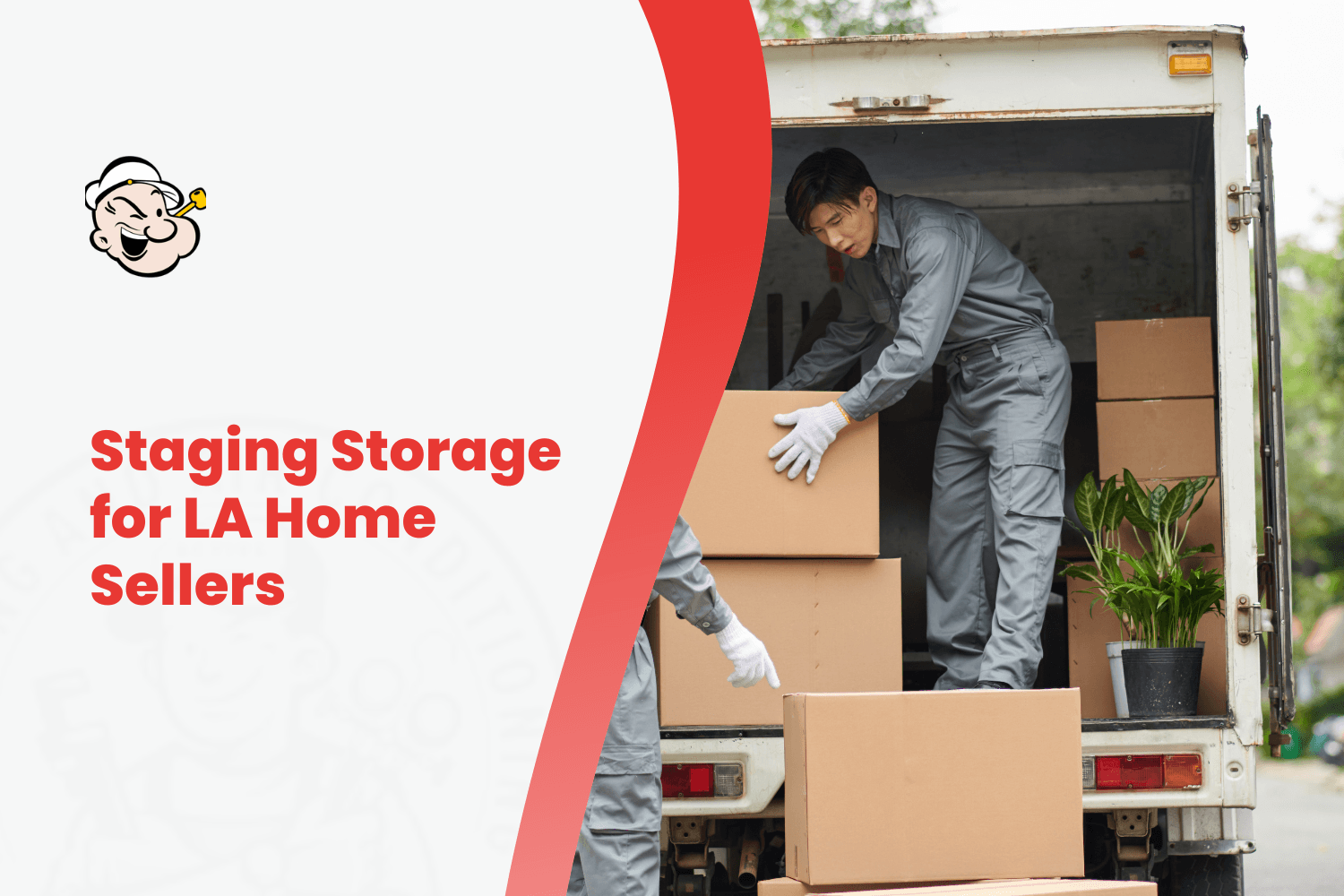 Two movers unloading cardboard boxes from a moving truck for home staging storage