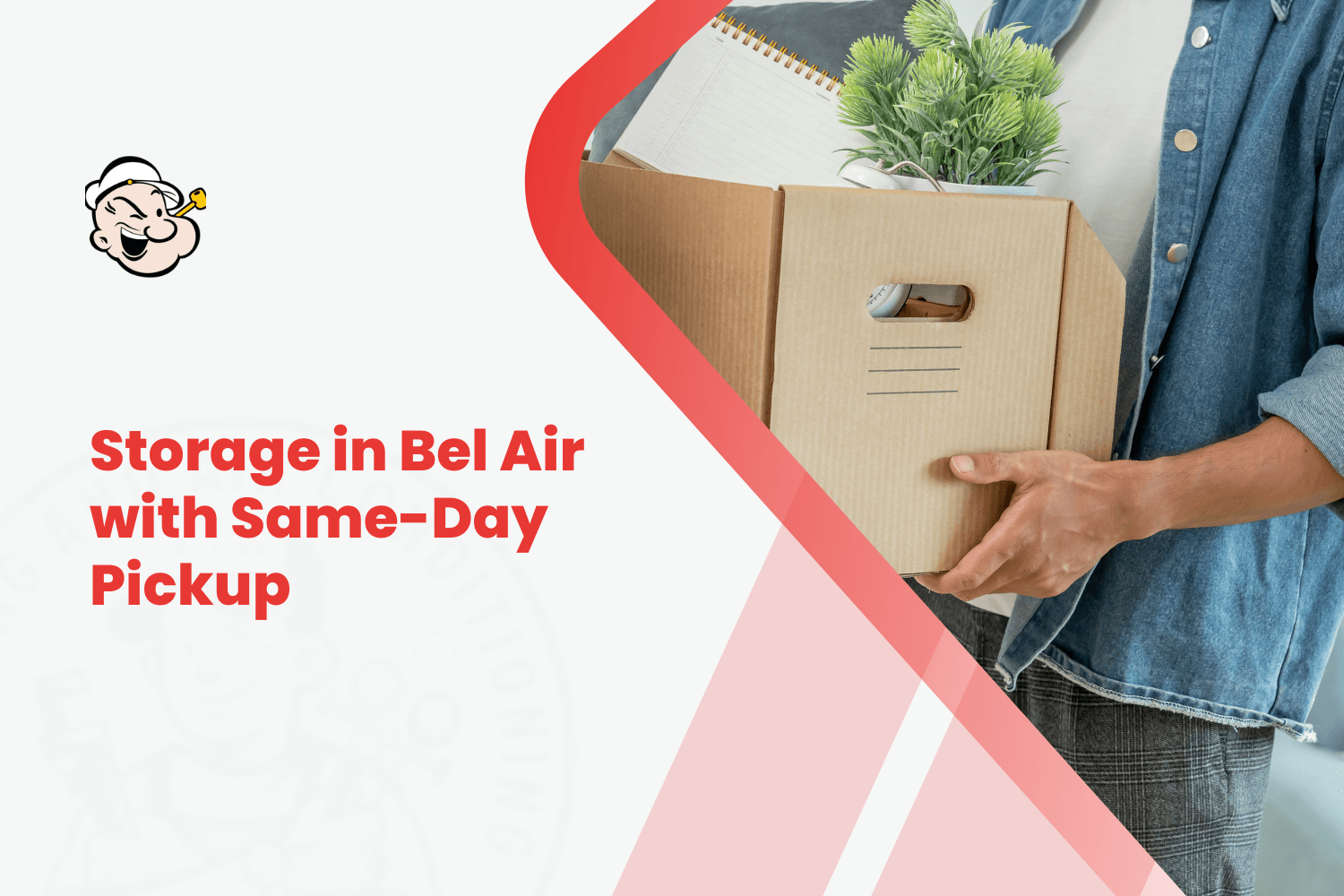 Person carrying cardboard box with plant for same-day storage pickup in Bel Air