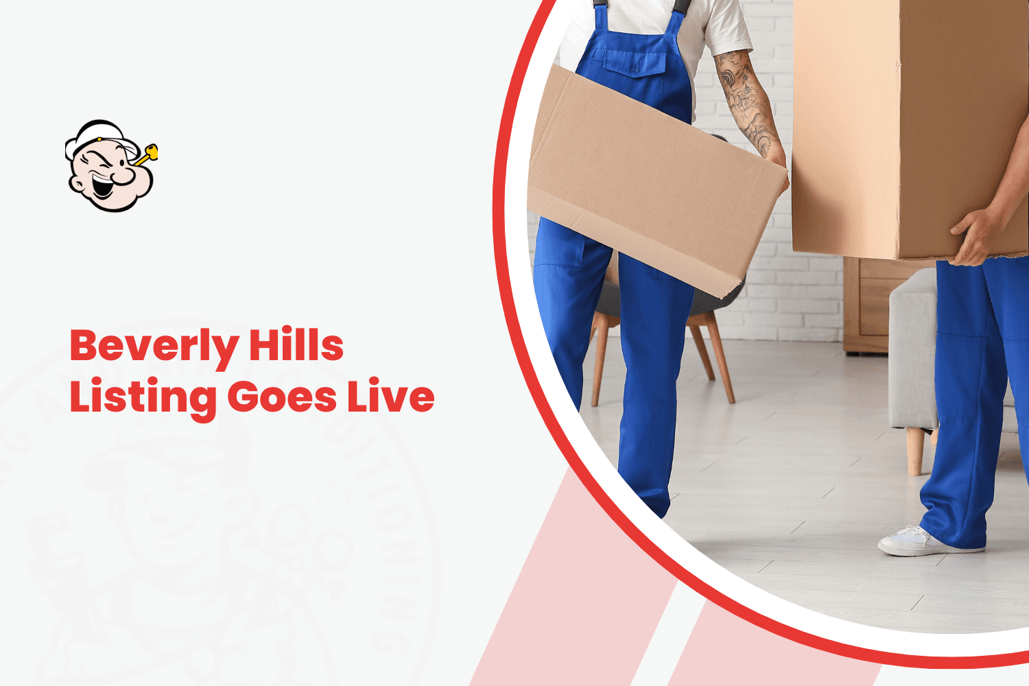 Two movers in blue overalls carrying cardboard boxes during a Beverly Hills home listing move