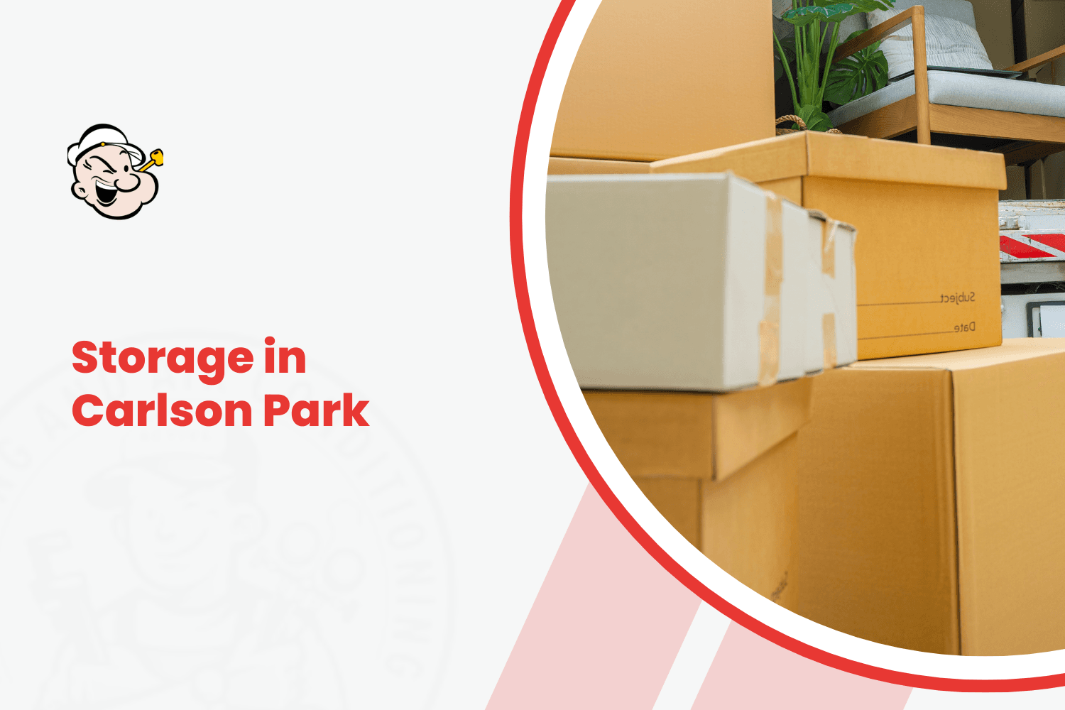 Cardboard storage boxes stacked indoors with Popeye logo and Carlson Park text