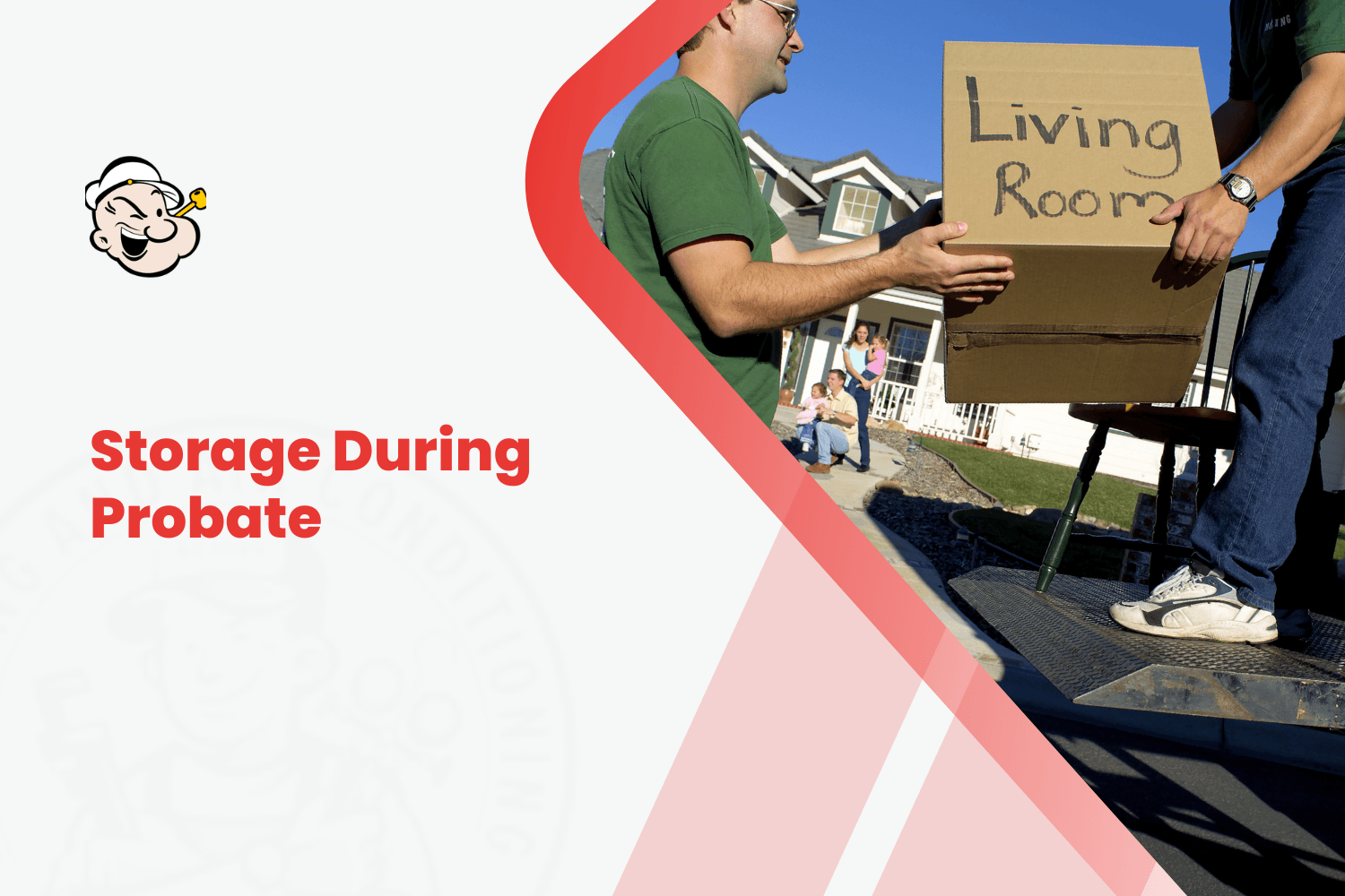 Movers loading labeled Living Room cardboard box onto truck outside family home