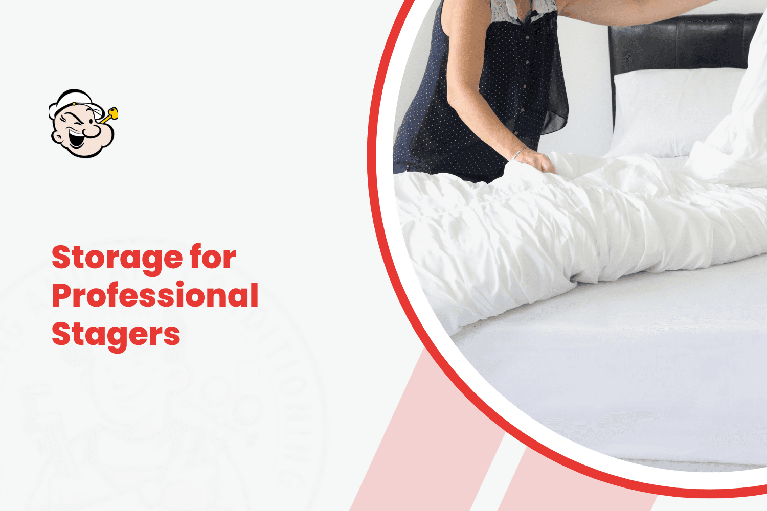 Professional home stager arranging white bedding on a bed for staging inventory