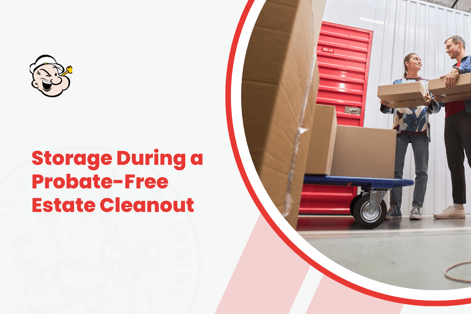Two people moving cardboard boxes on a dolly inside a red storage unit facility