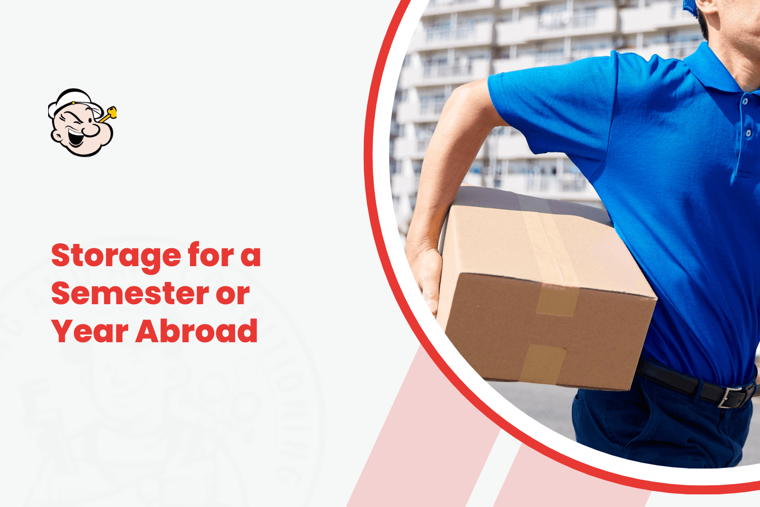 Delivery worker in blue uniform carrying cardboard box for student storage abroad