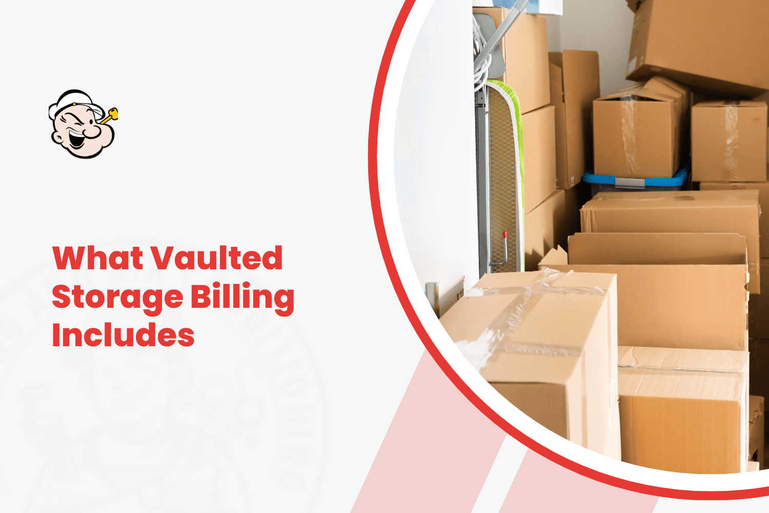 Stacked cardboard moving boxes in vaulted storage unit with plastic wrapping visible
