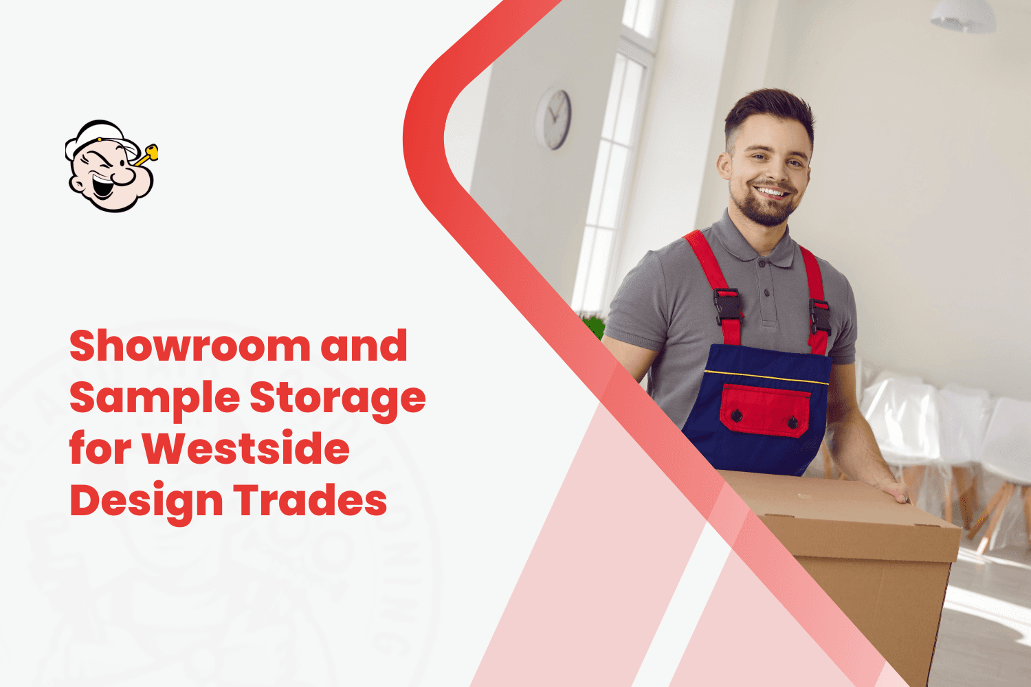 Smiling mover in overalls carrying cardboard boxes for design trade showroom storage