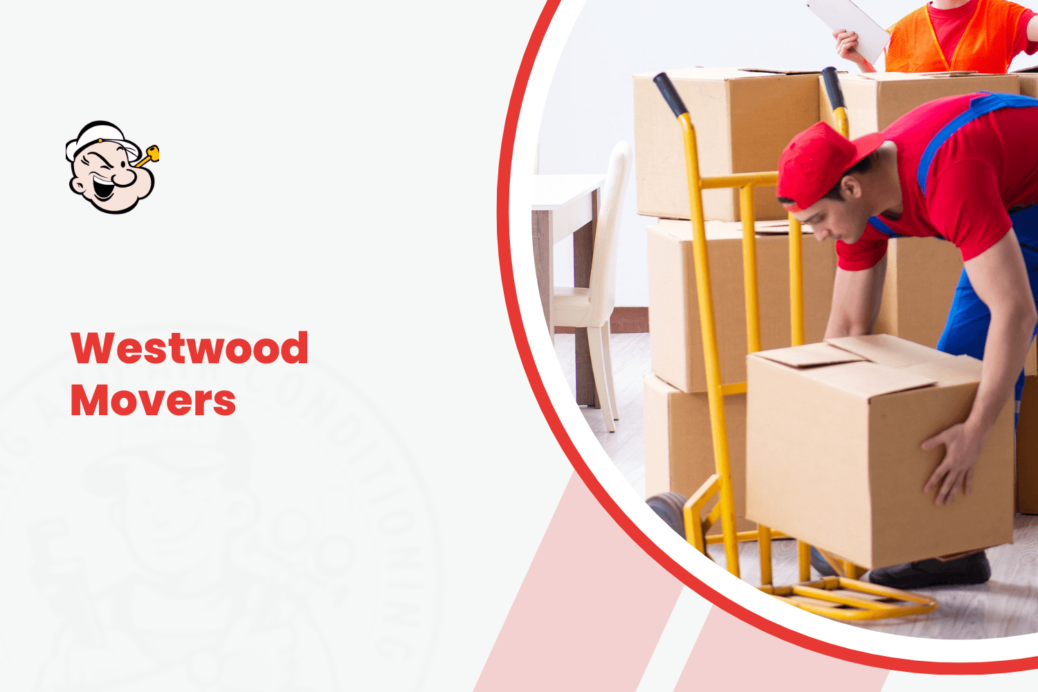 Westwood Movers professionals in red uniforms loading cardboard boxes onto yellow hand truck