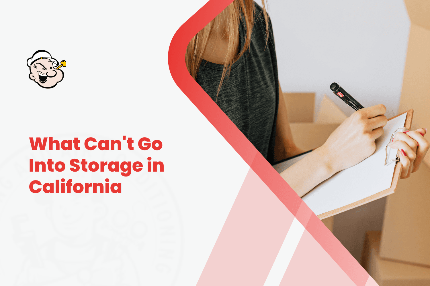 Woman writing a checklist on clipboard surrounded by moving boxes in California