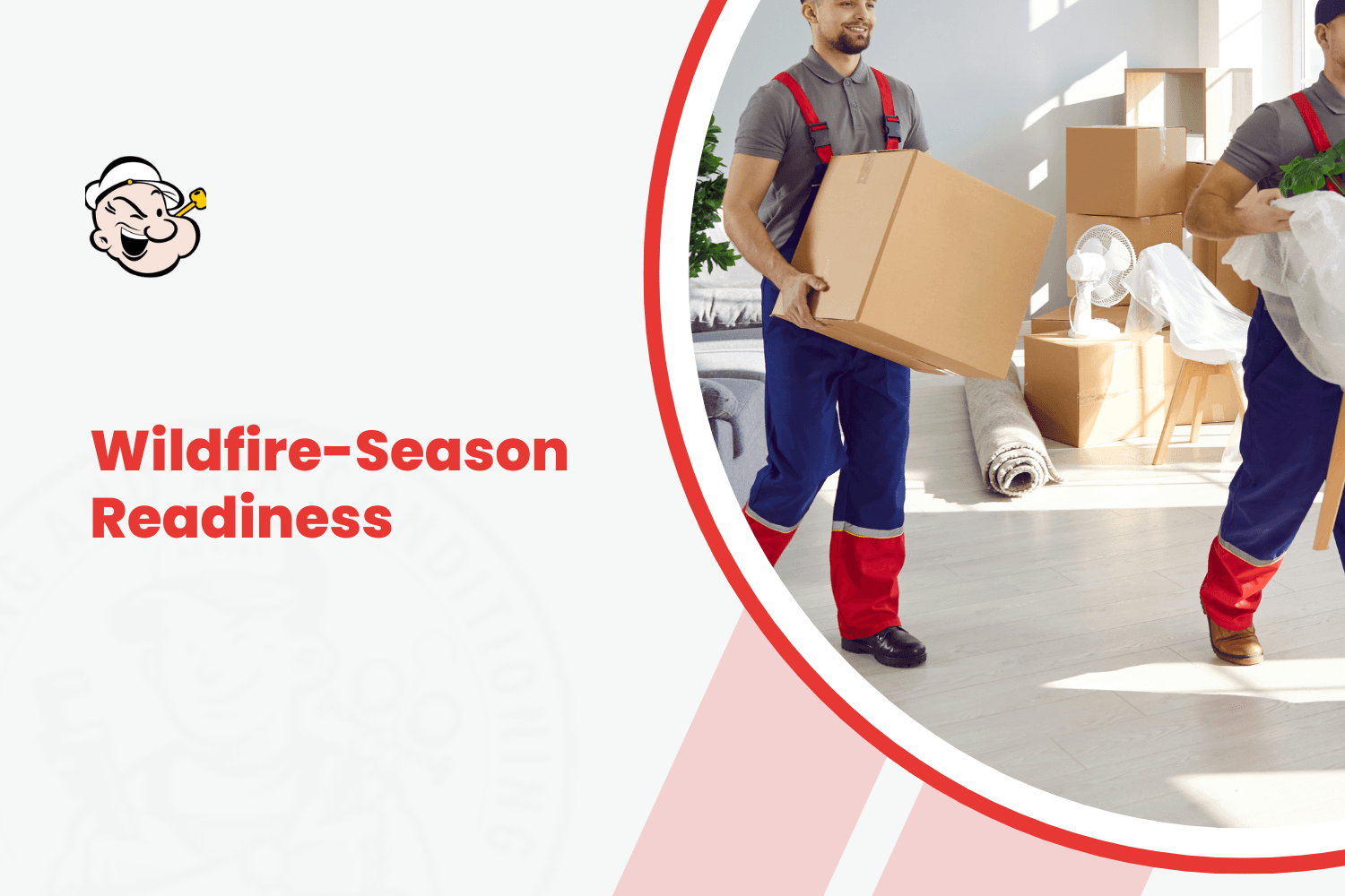 Two movers in red and blue uniforms carrying boxes during wildfire evacuation pre-staging